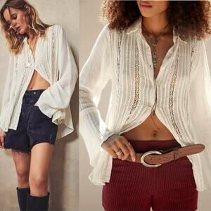 Free People FP One Mila Shirt White Ethereal Dainty Crochet Romantic Size Small